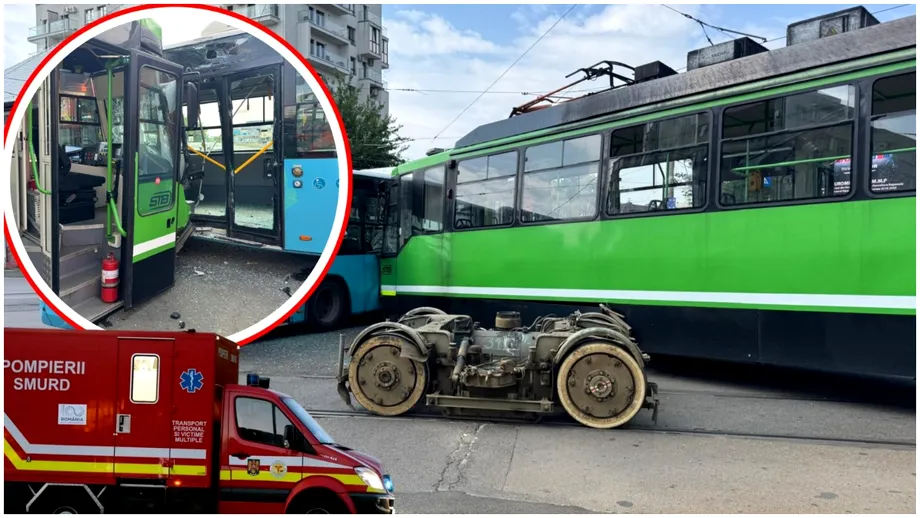 Grav accident în Capitală: un tramvai s-a ciocnit de un autobuz și a sărit de pe linie. Mai multe persoane rănite. Momentul impactului. Video