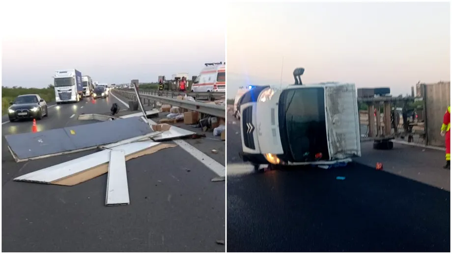 Accident grav pe A1: o autoutilitară a lovit glisiera metalică și s-a răsturnat. Șoferul a decedat