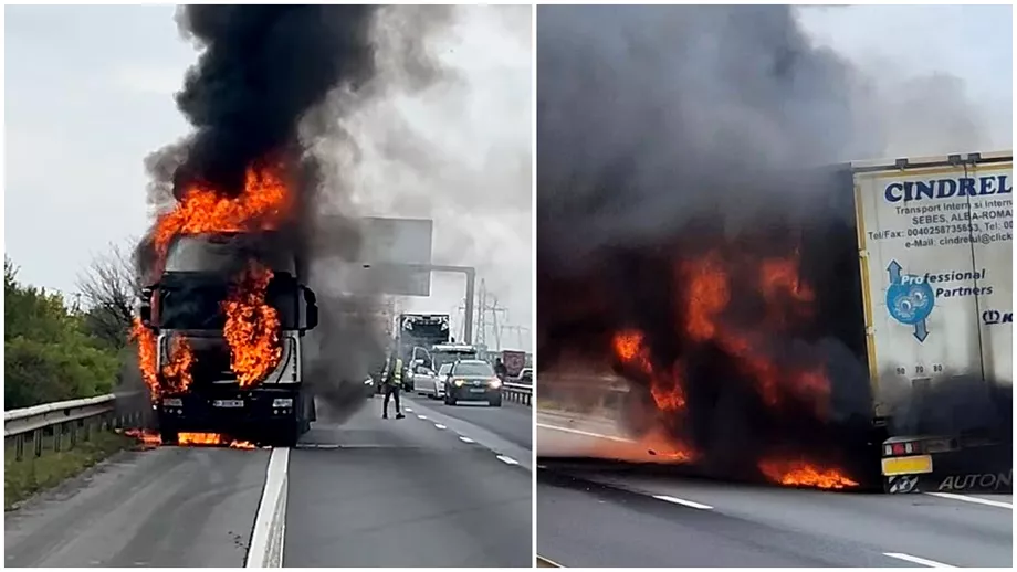 TIR în flăcări pe Autostrada A1 București – Pitești. Trafic blocat, ce s-a întâmplat cu șoferul