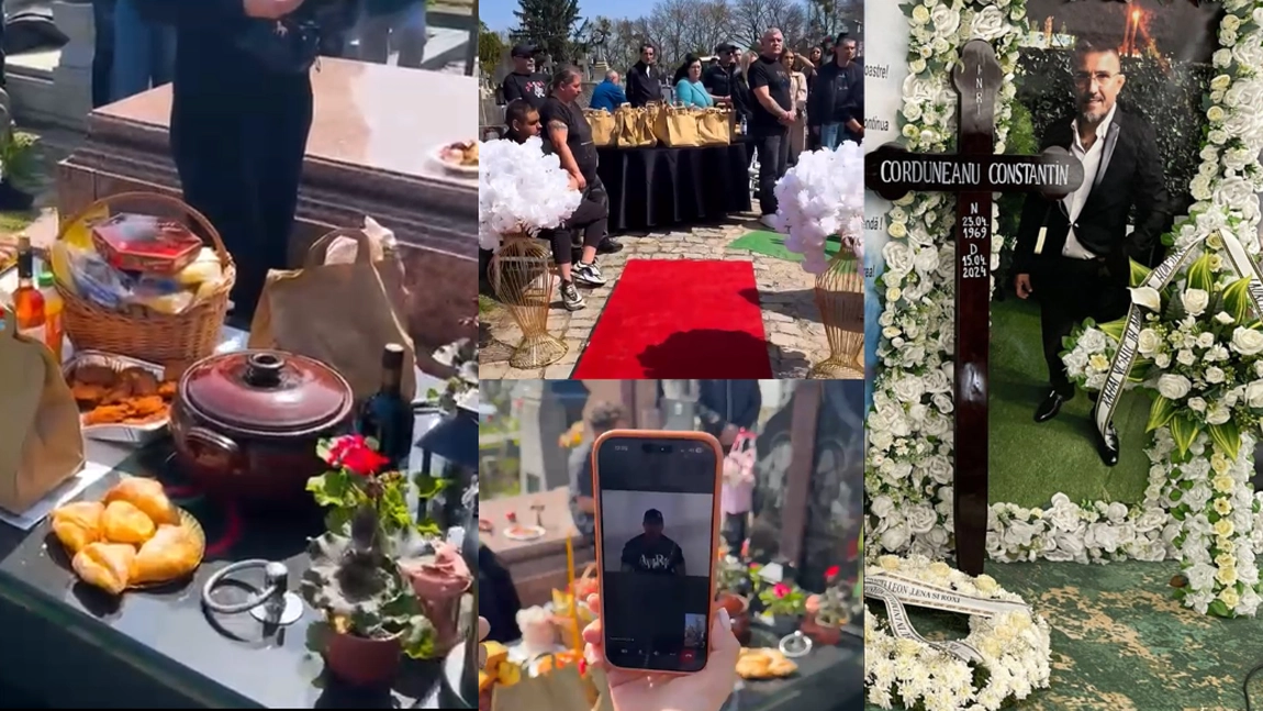 Imagini! Opulență în Cimitirul Eternitatea din Iași, la mormântul lui Costel Corduneanu. Familia a pus un covor roșu pe alee și a decorat totul cu flori albe. Iată cine a lipsit