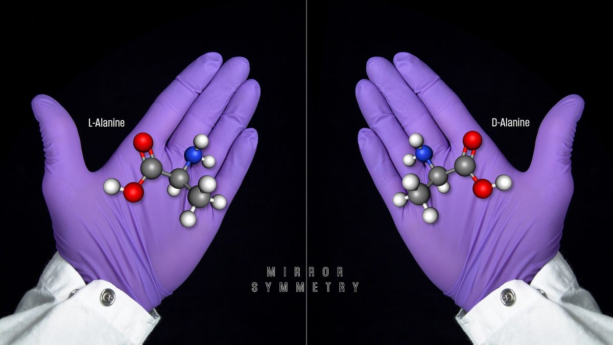 Ilustrație cu două molecule de aminoacid care sunt imaginea în oglindă una a celeilalte